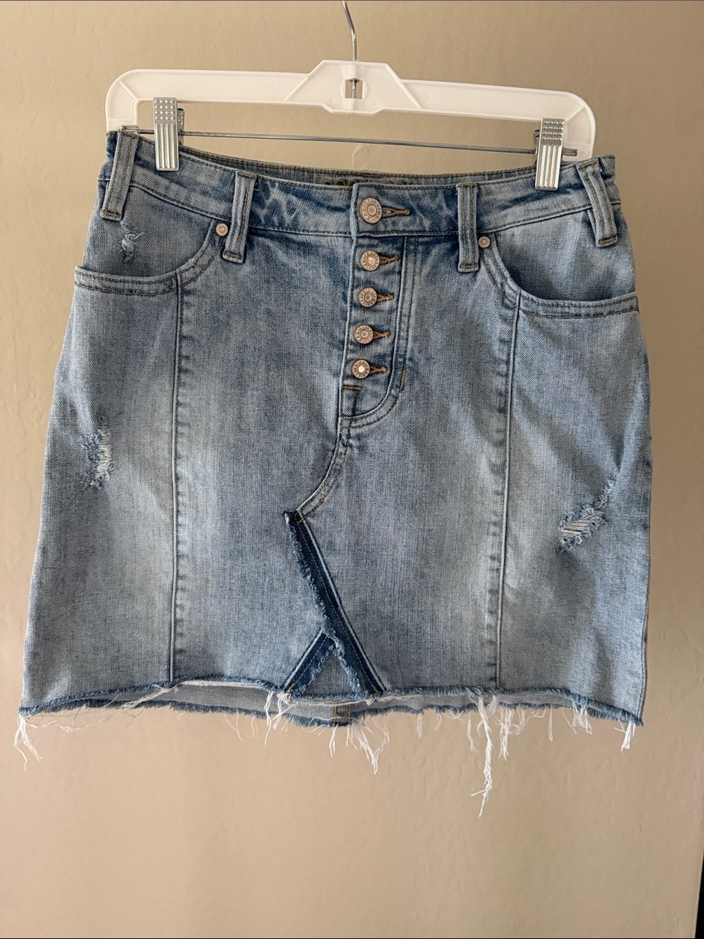 Rock & Roll Light Blue Distressed Denim Mini Skirt with Button Fly Size 27